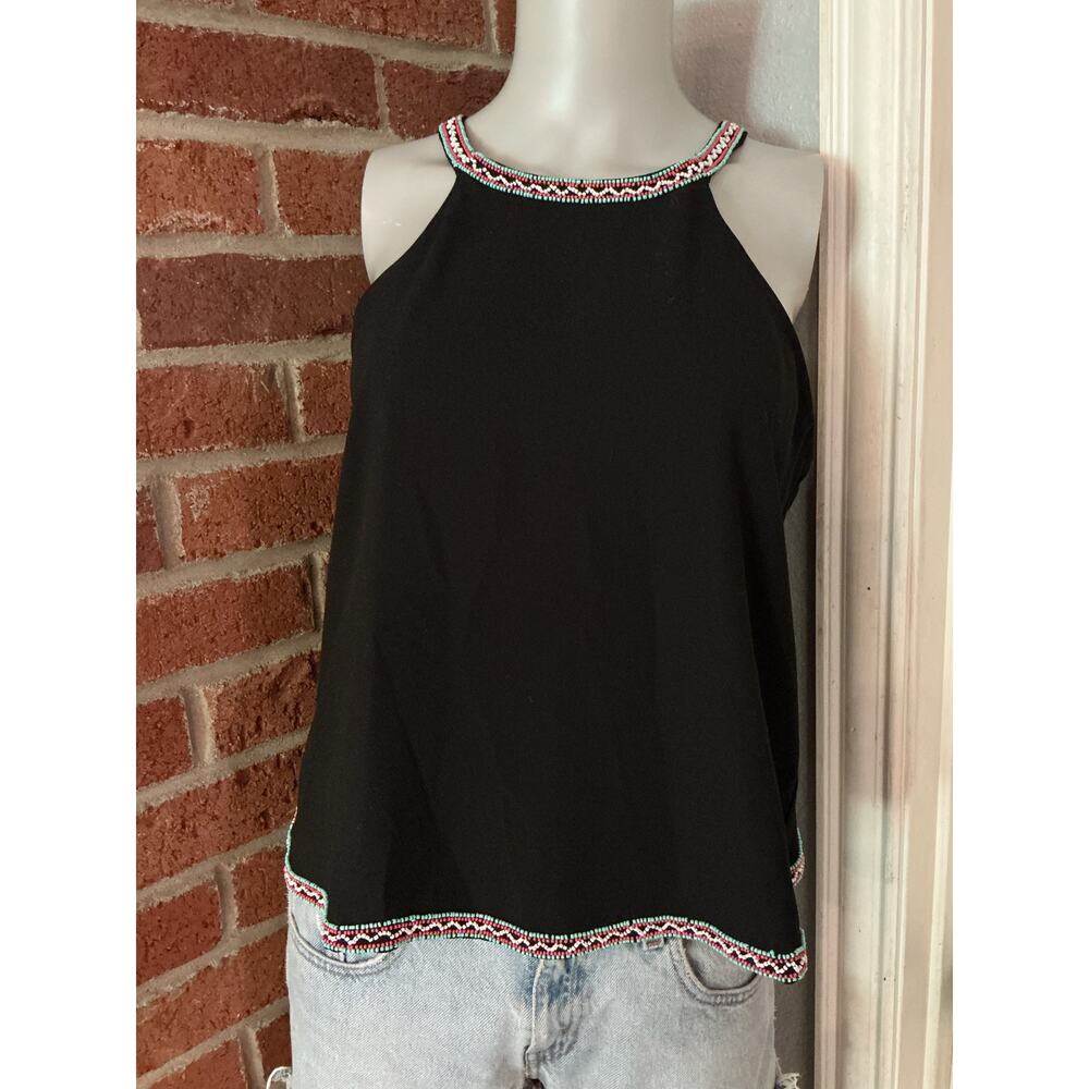 Satin Black Beaded Trim Sleeveless Tank Top Boho Chic Small, Parker